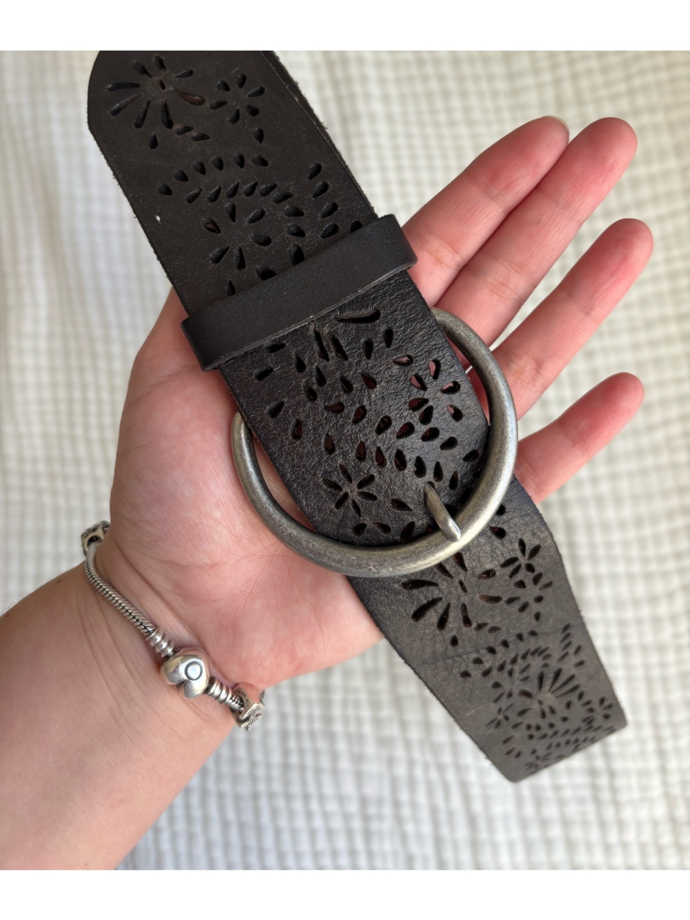Dark Brown Floral Perforated genuineLeather Belt with Round Antique Metal Buckle